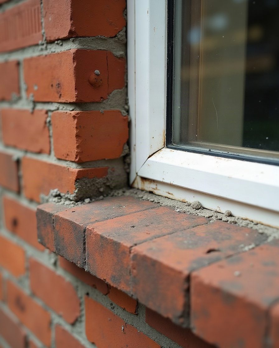 Exterior corner where a wooden window frame meets brickwork with visible perished sealant and a damp stain on the