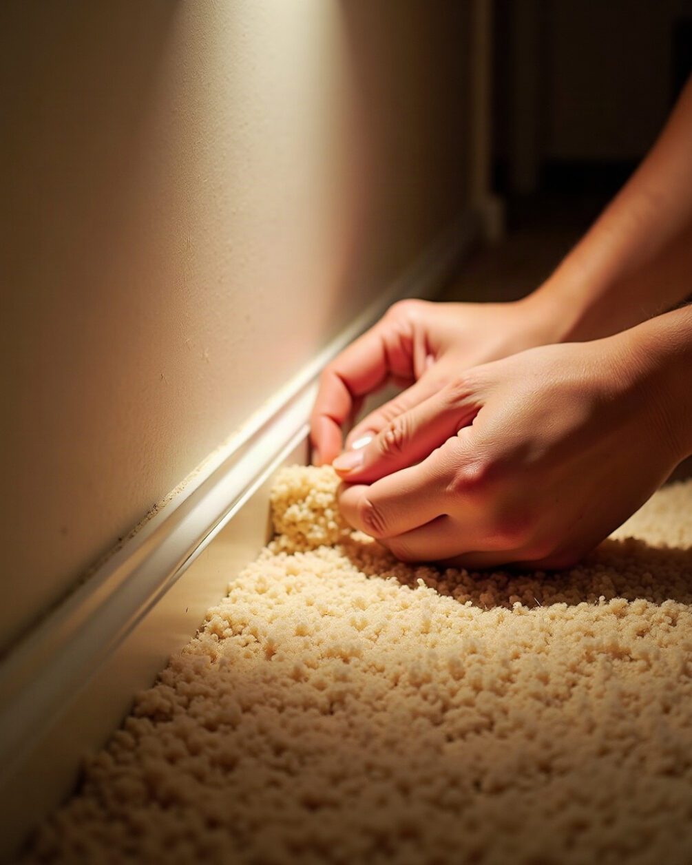 Hands parting the pile of a beige carpet at a white skirting board under a torch beam