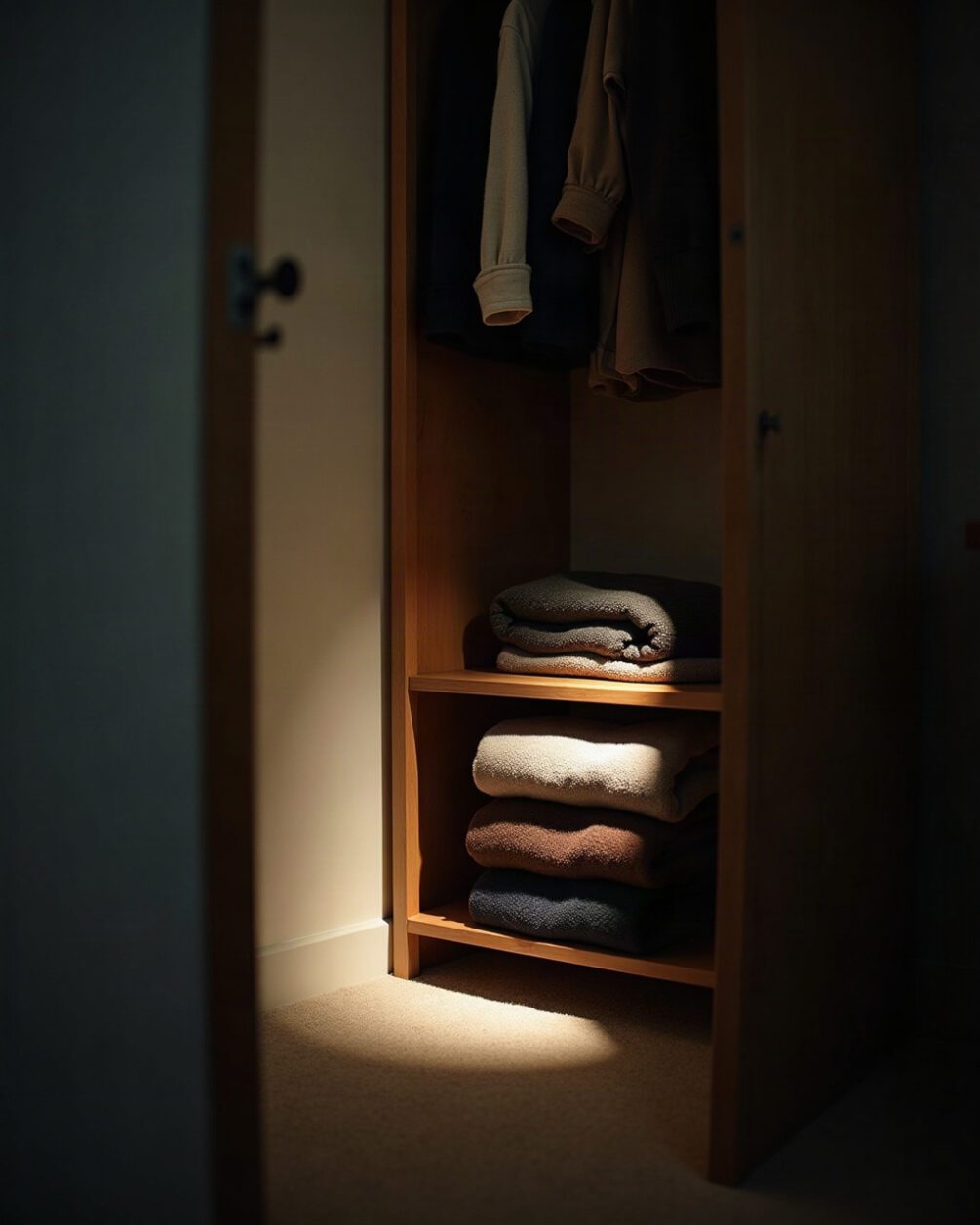 Wardrobe interior with folded wool jumpers on a shelf pushed aside, torch beam across the wardrobe floor