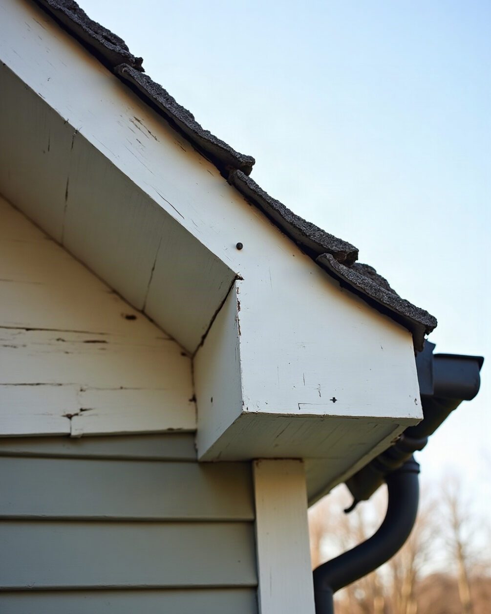 Roof soffit and fascia seen from below with a gap where the boards meet