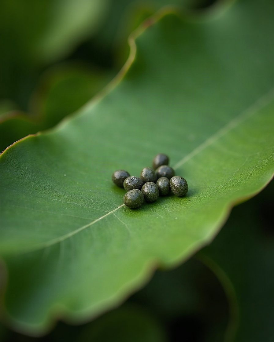 Close view of a broad green leaf in daylight with several small dark green pellets resting on its surface