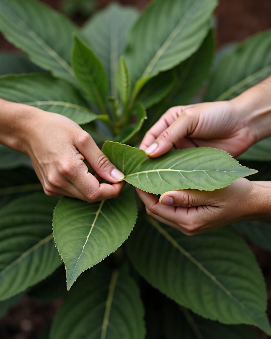Hands turning over a leaf on a garden plant to inspect the underside, plain garden setting