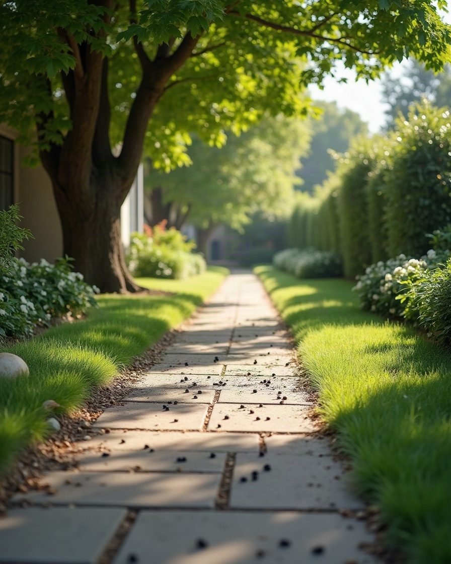 A paved garden path beneath a leafy tree with scattered small dark pellets across the slabs, dappled daylight
