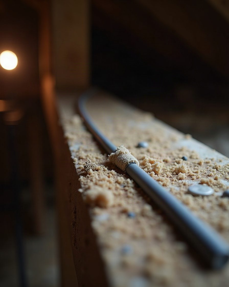 A length of grey cable running along a loft joist with the outer insulation stripped away in one section