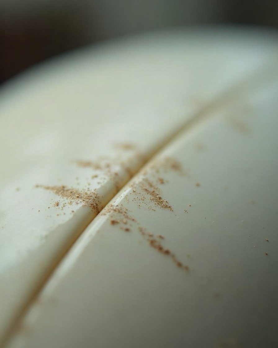 Close macro of a plastic surface showing fine paired parallel scrape marks, raking torch light