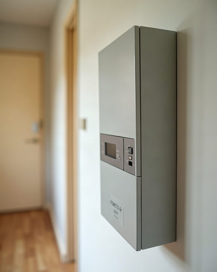 A consumer unit and fuse board on a plain wall with the cover closed, domestic hallway in daylight