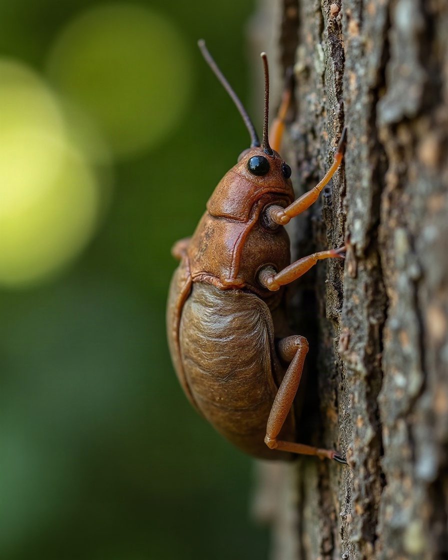 A brown hollow insect moult clinging to the bark of a tree trunk in summer daylight, split visible along its back