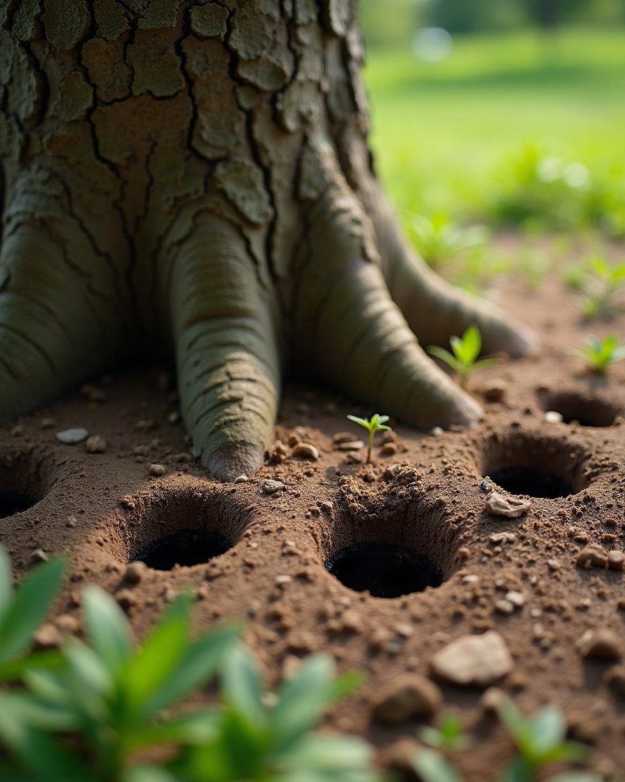 Close view of the base of a tree trunk with several small round holes in the bare soil around it