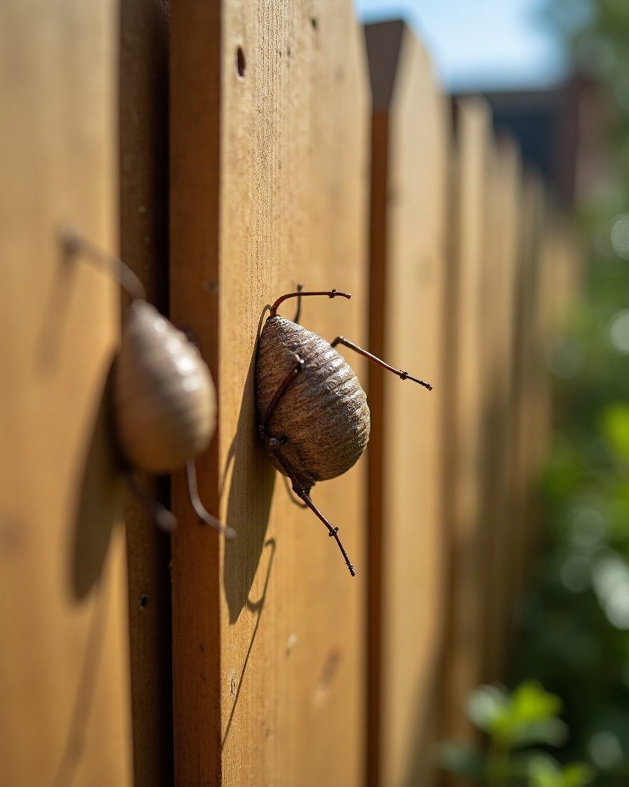 A wooden garden fence panel in summer sunlight with two brown hollow insect shells clinging to the boards