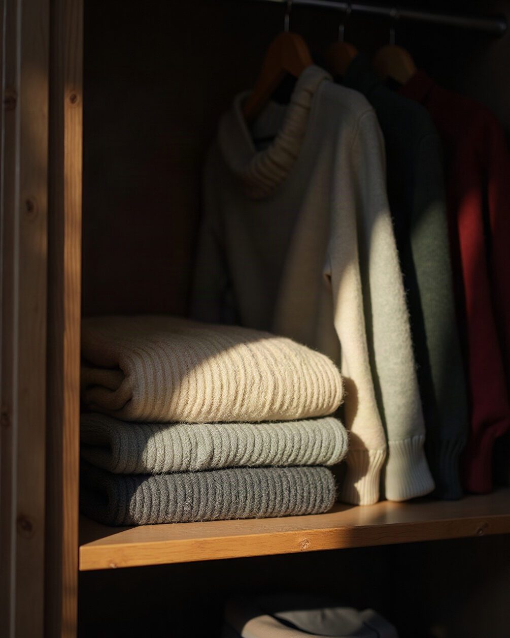 Wardrobe interior in daylight with folded wool jumpers on a shelf pulled forward