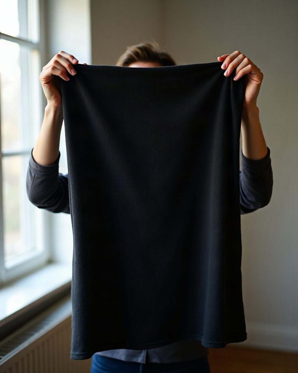 Hands holding up a folded dark wool garment toward a window, fabric texture in sharp focus