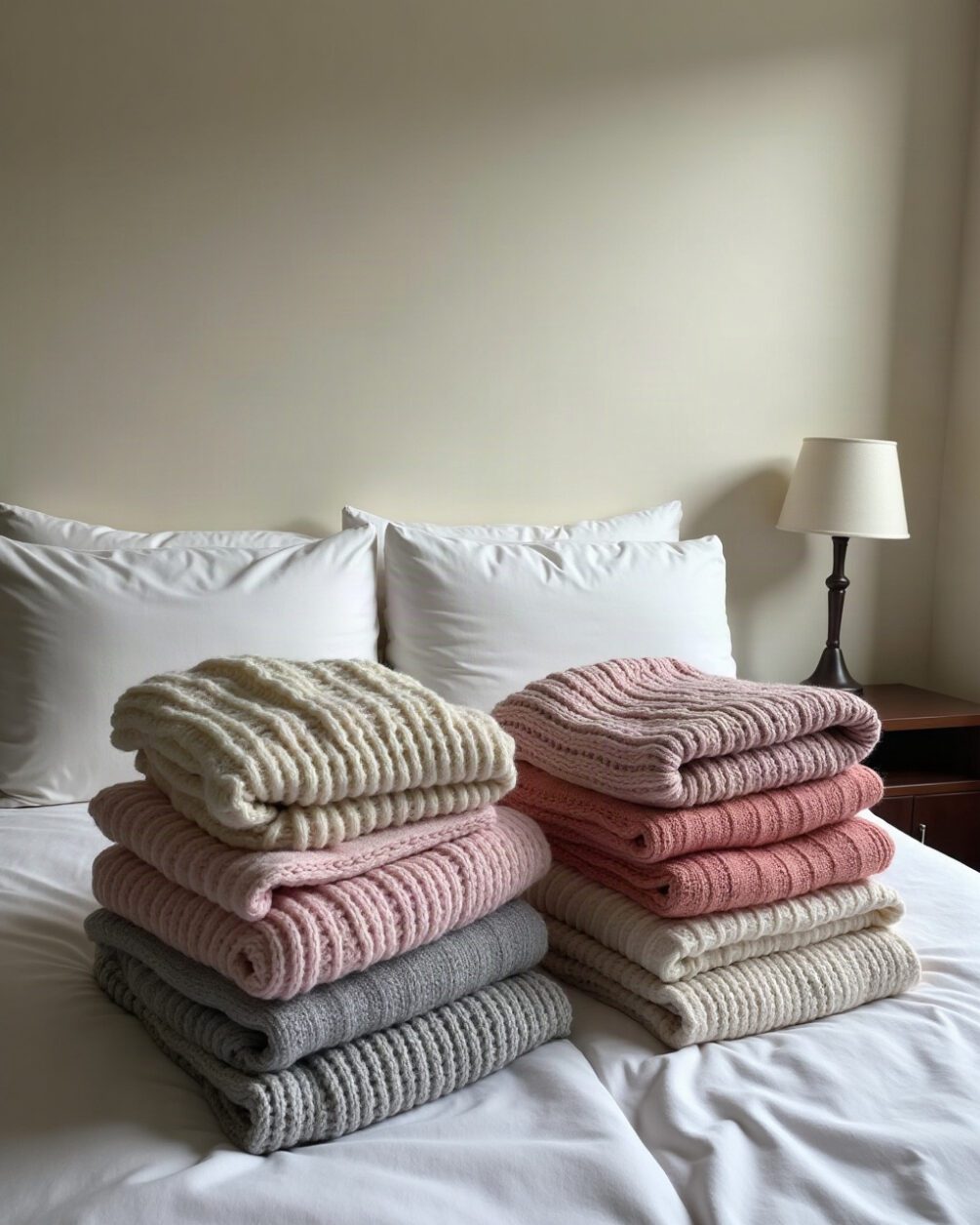 Clear zip storage bags and folded knitwear laid out on a bed in daylight