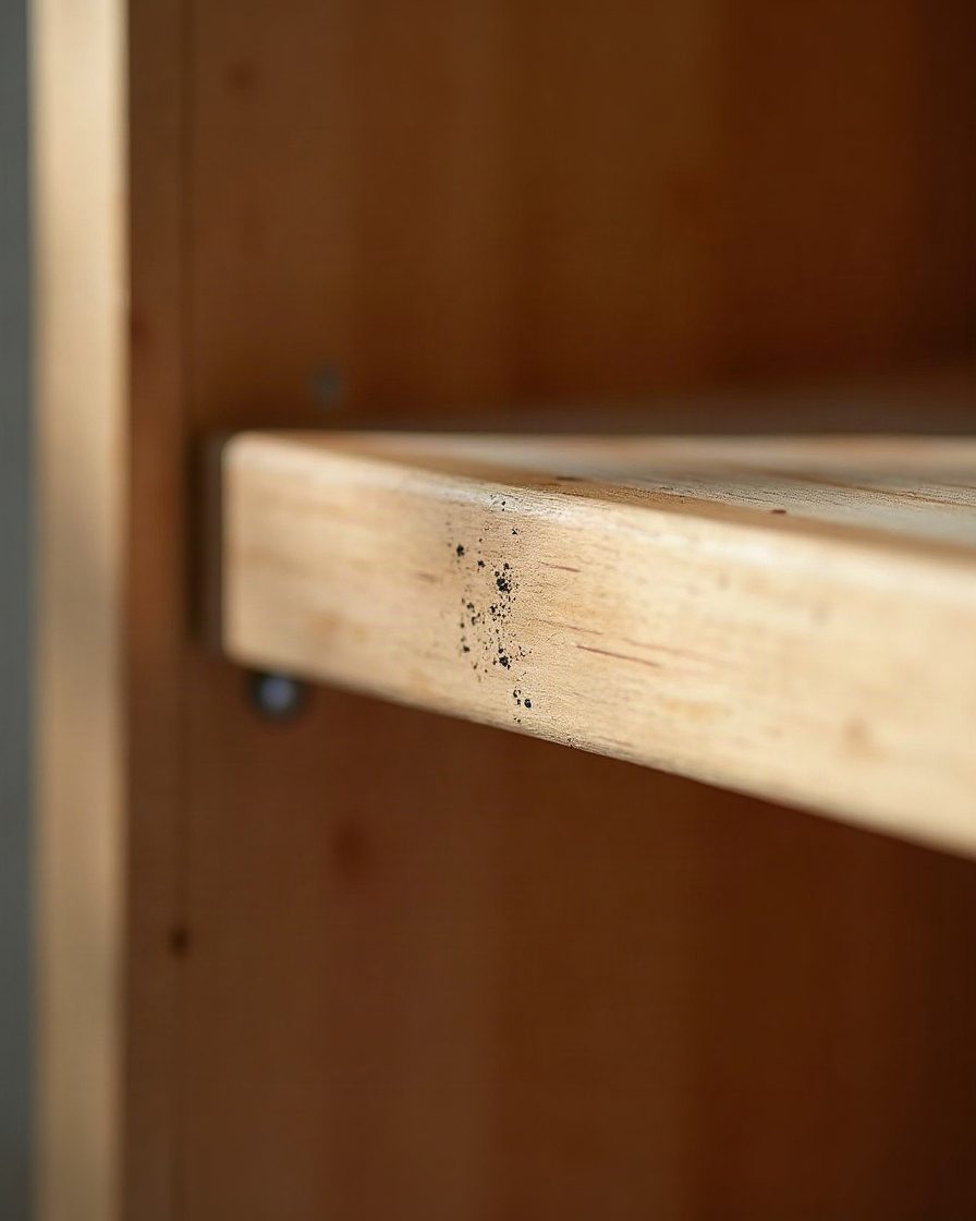 Close macro of a kitchen cupboard shelf corner in raking torch light showing fine dark specks gathered along the