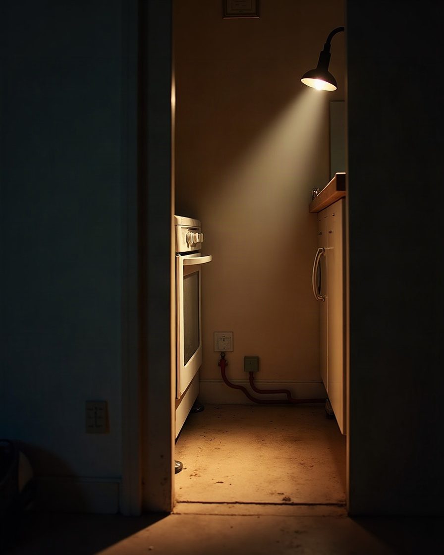 The narrow warm gap behind a kitchen appliance seen from the side with a torch beam angled into it