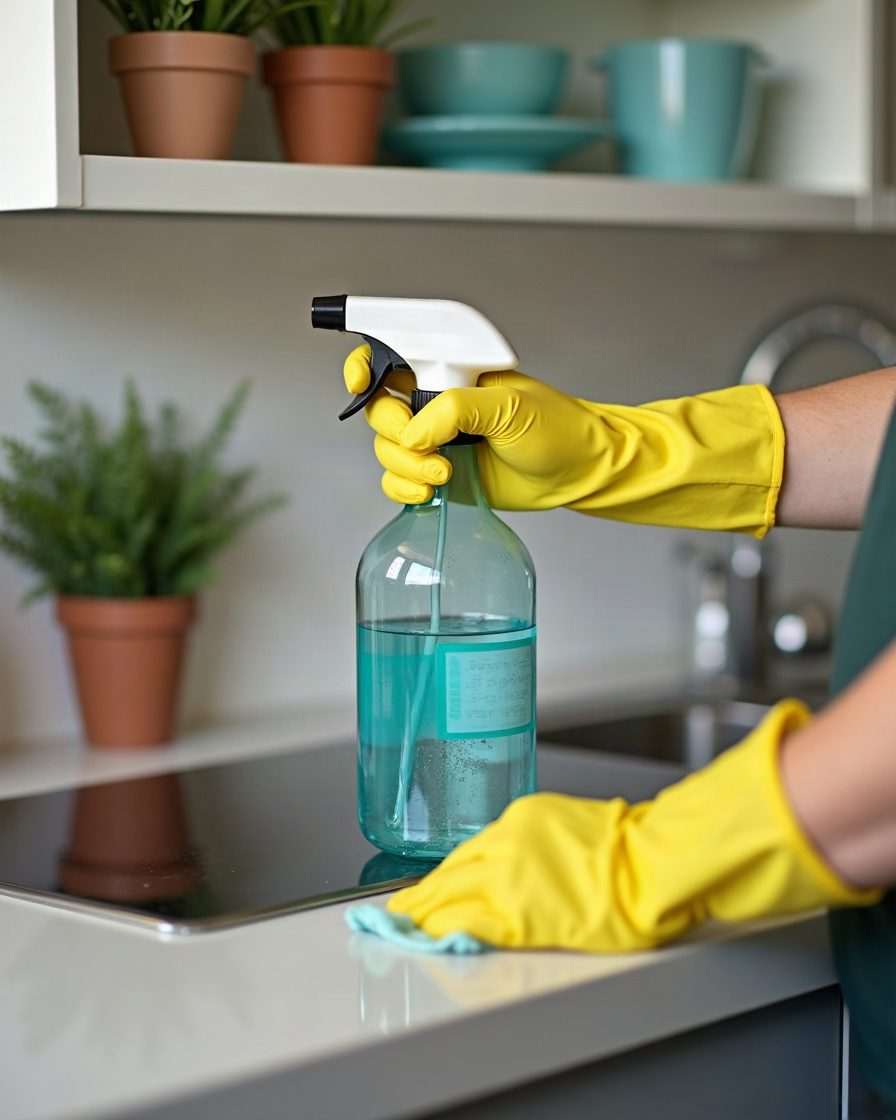Hands in disposable gloves wiping a kitchen shelf with a damp cloth, a spray bottle standing beside