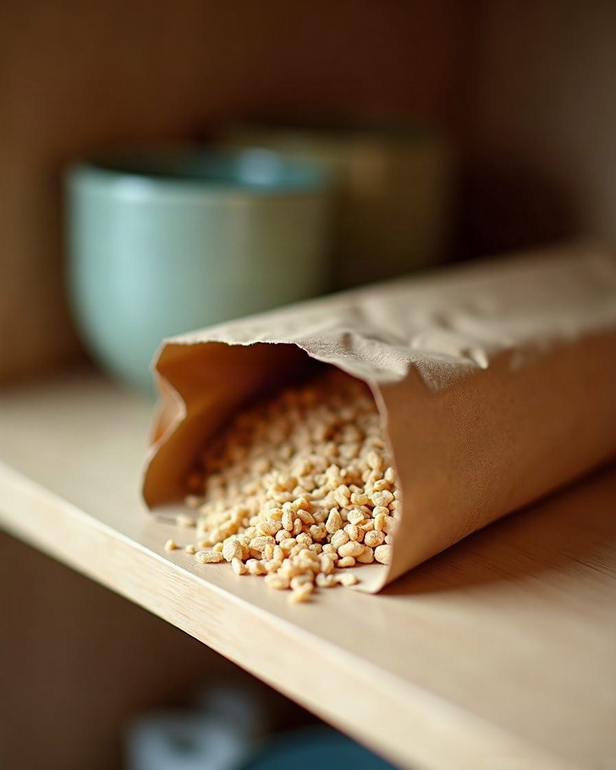 A paper packet of dry goods on a kitchen shelf with a chewed corner and loose grains spilling onto the shelf liner