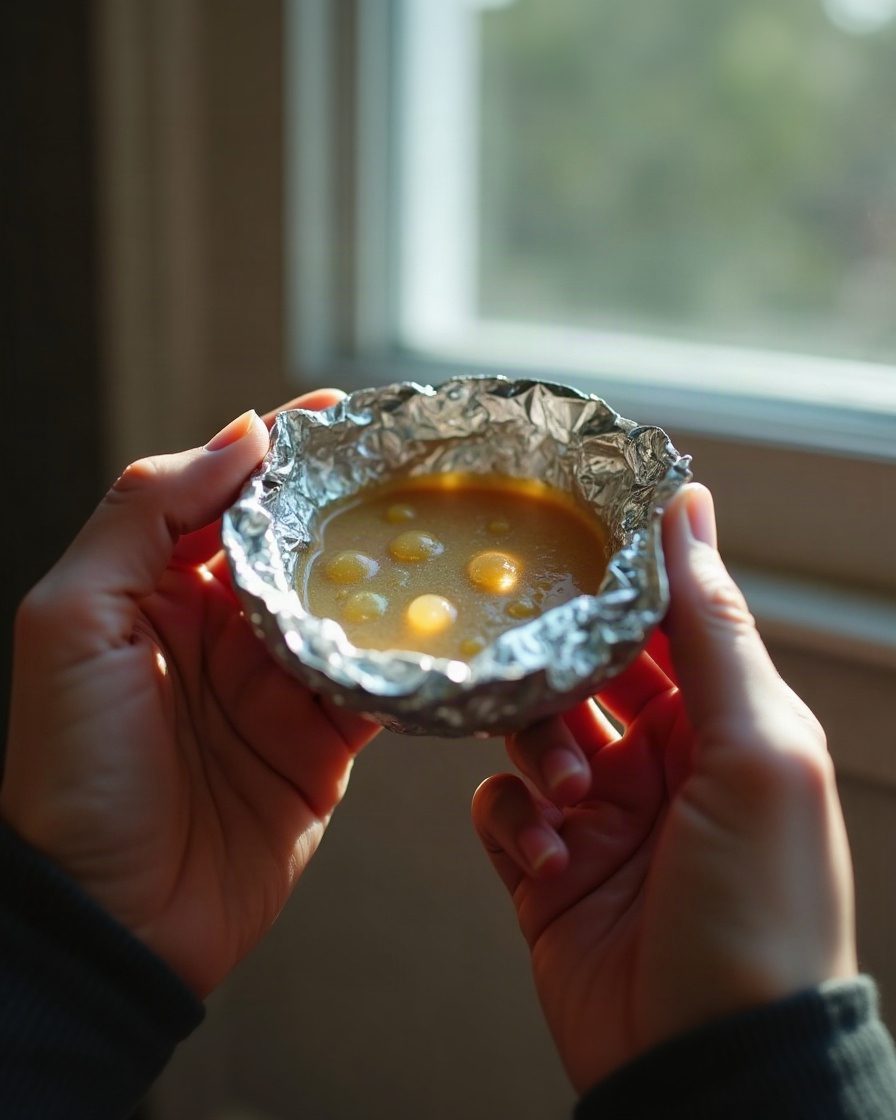 Close macro of a foil-lined food pouch held toward a window showing several tiny pinholes lit from behind