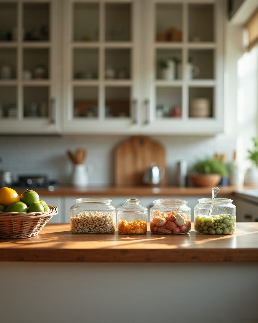 Kitchen worktop with packets and glass jars lined up and an empty cupboard visible behind, plain domestic interior