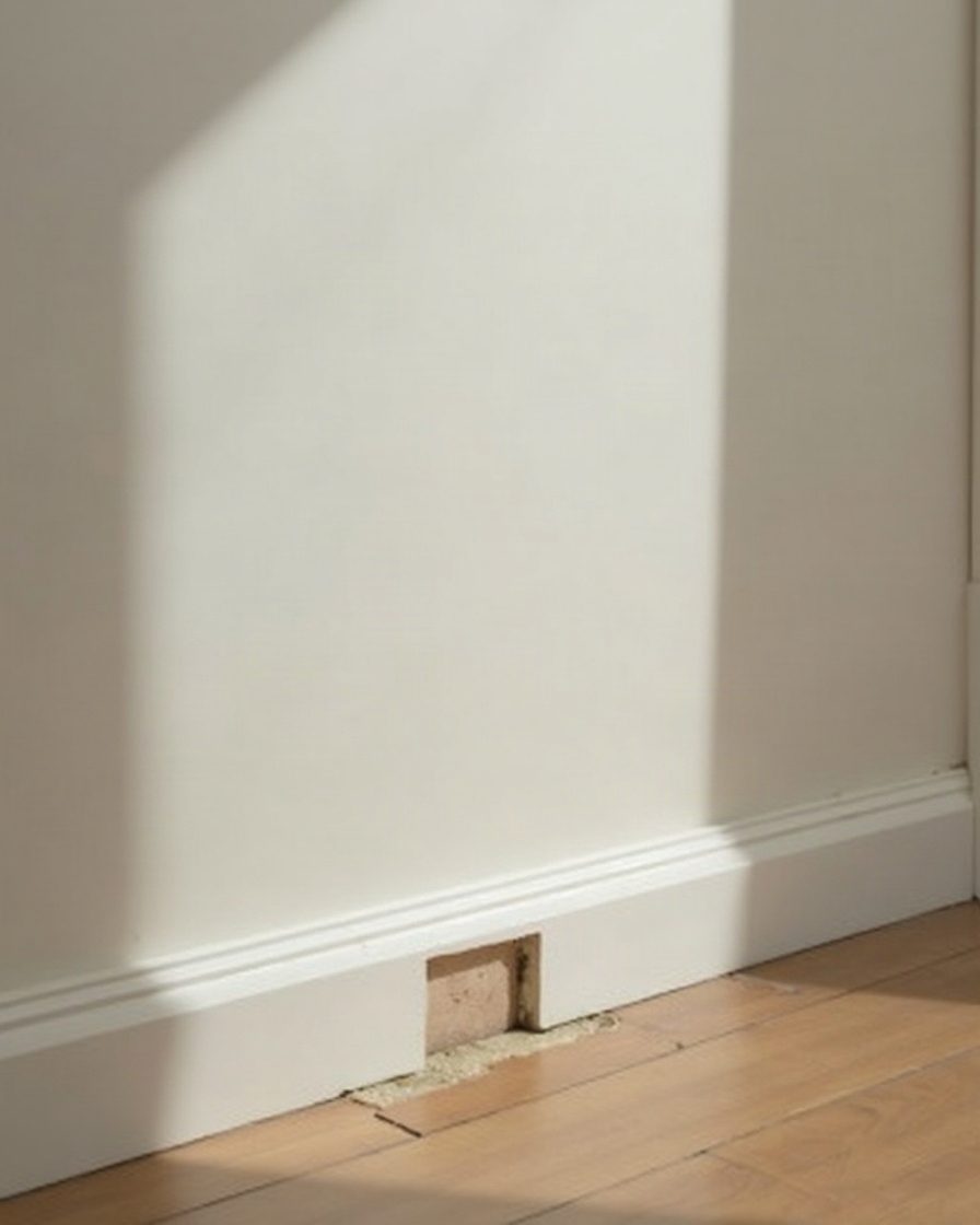 A plain hallway wall and skirting board in daylight with a small section of skirting removed and the cavity dark