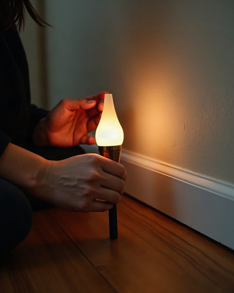 Hands holding a torch close to a wall at floor level while a second hand rests flat on the plaster