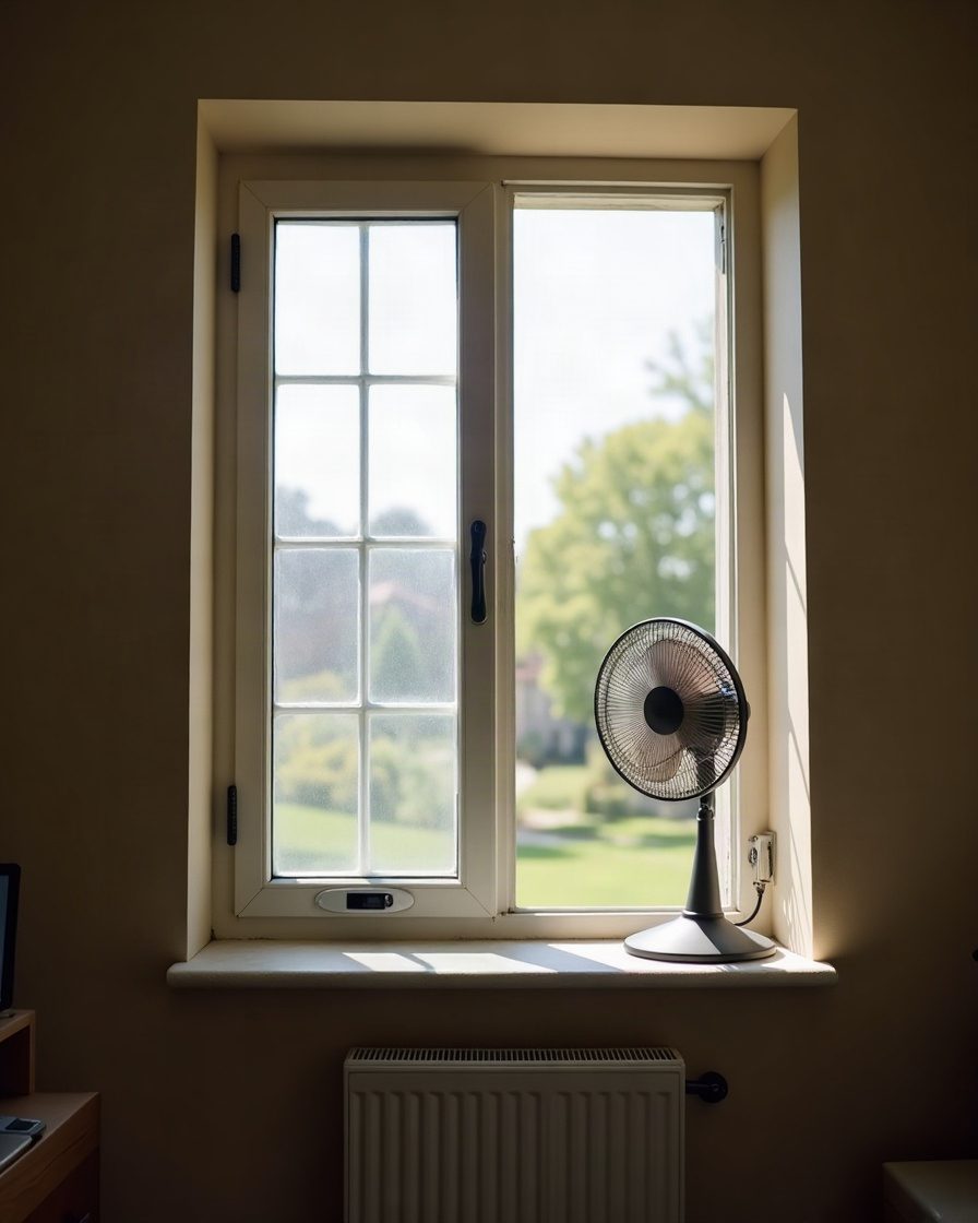 An open window in a plain room with a fan standing on the sill facing outward, plain domestic interior