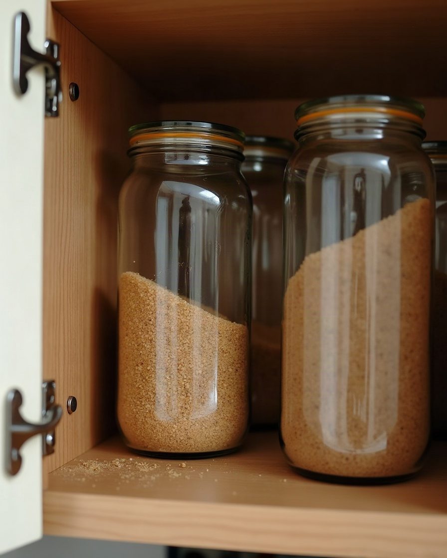 Open kitchen cupboard in daylight with glass jars and plain paper bags of dry goods on a wooden shelf