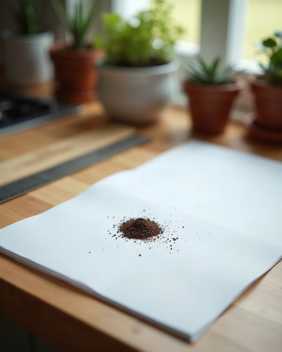 A sheet of white paper on a kitchen worktop with a small pinch of dark specks tipped onto it beside a ruler