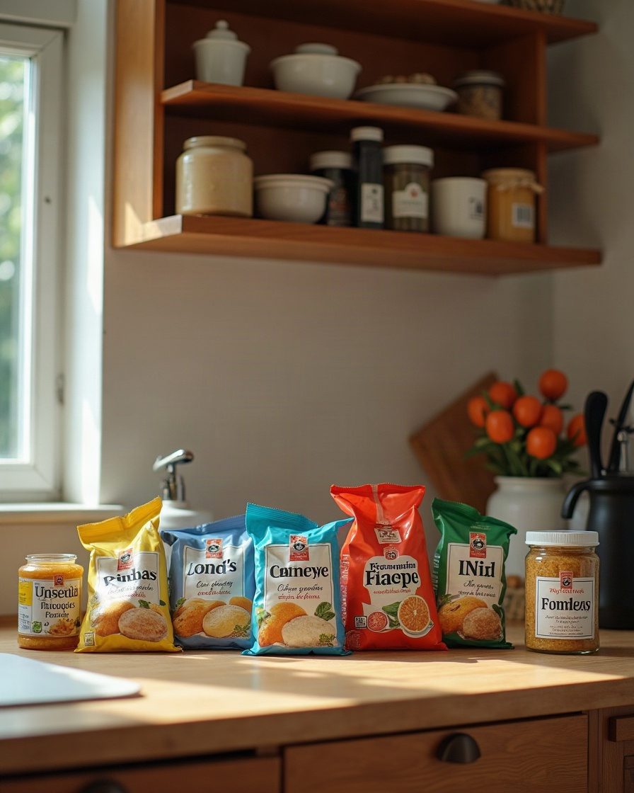 Kitchen cupboard emptied onto a worktop with packets and jars lined up and the bare shelf visible behind