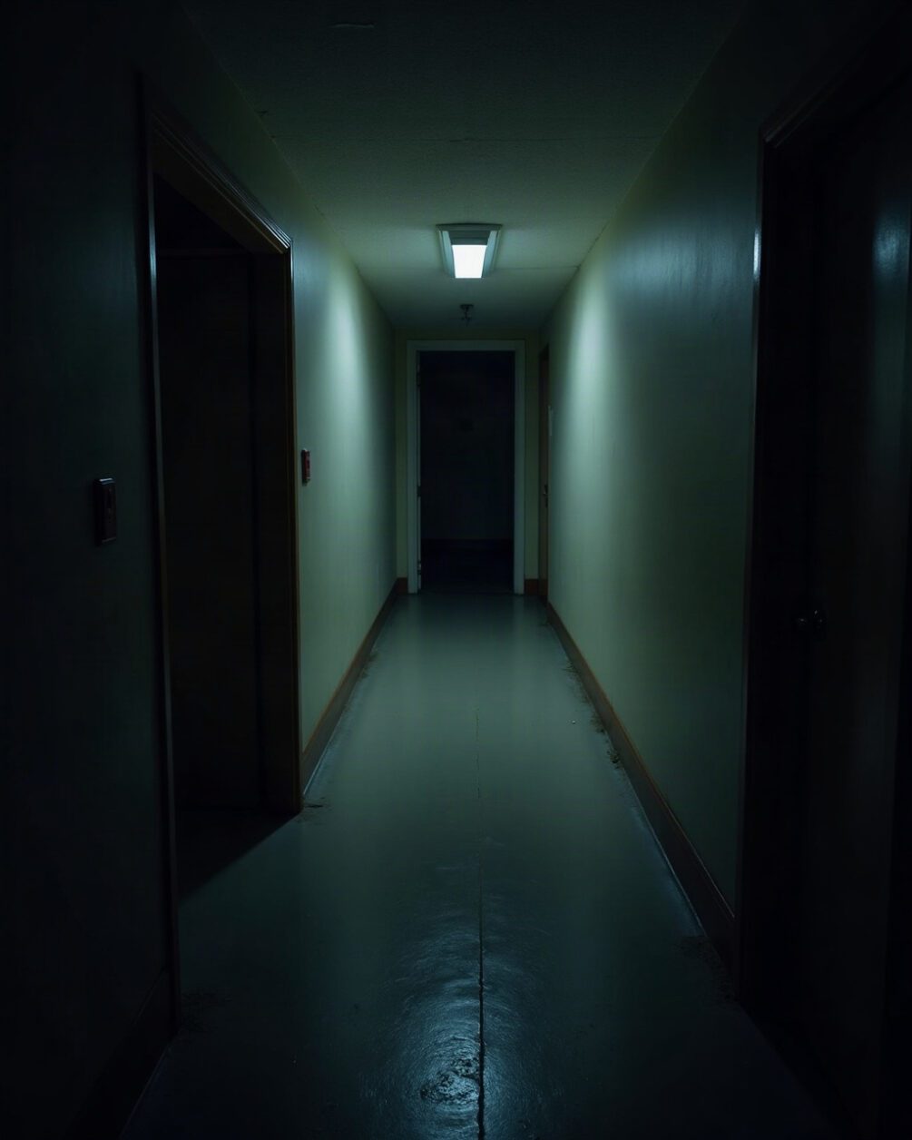 Dark hallway floor at night lit by a single overhead light, skirting board and a gap beneath a door visible