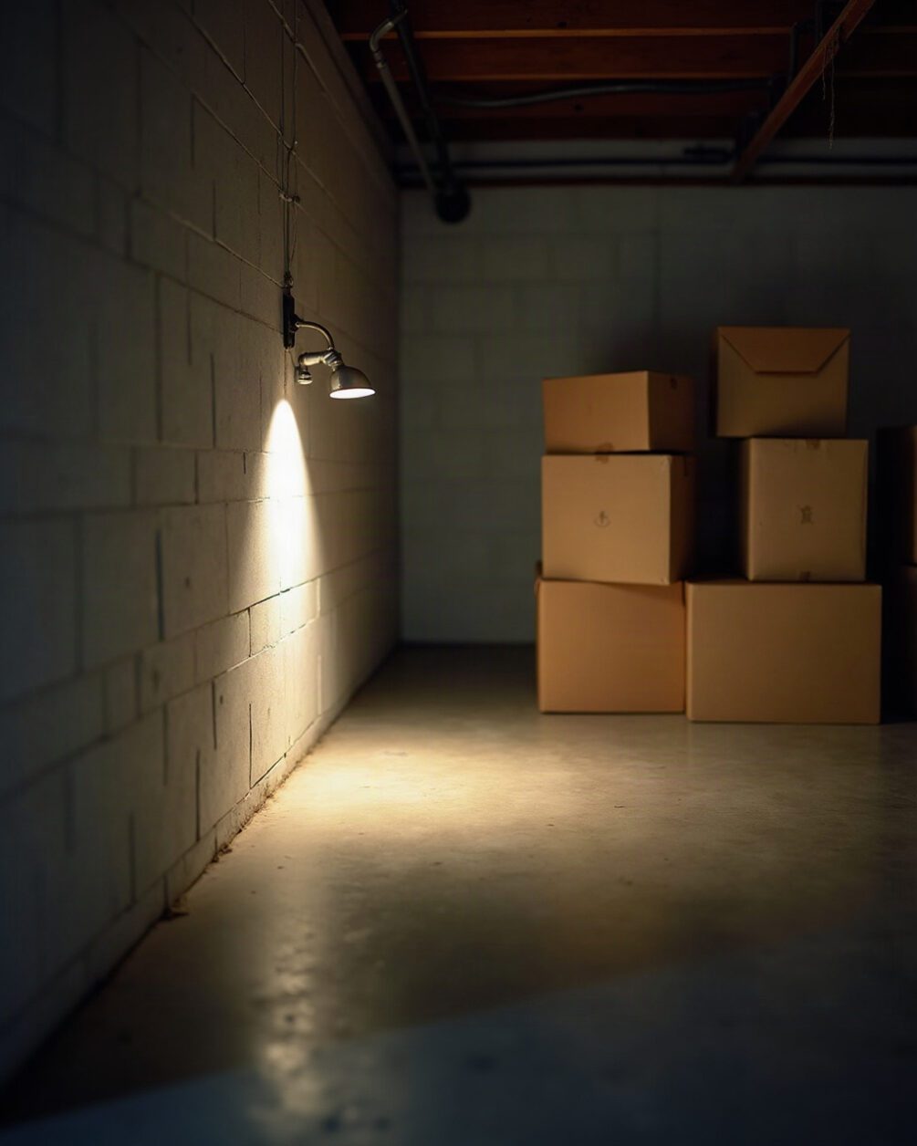Basement floor and wall junction with a torch beam across the concrete, cardboard boxes stacked to one side