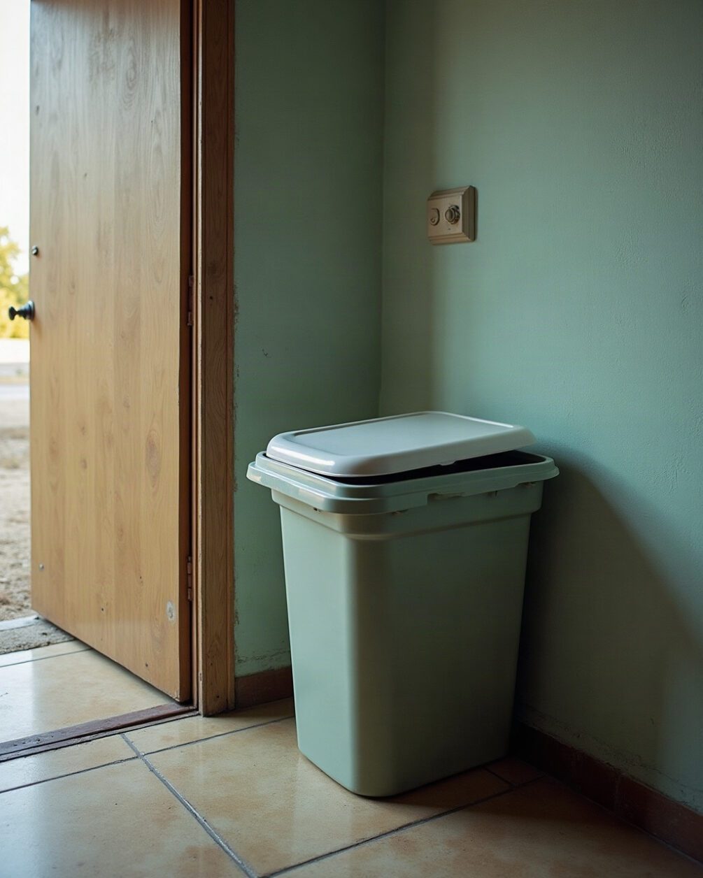 Kitchen bin lid propped open beside a back door in daylight