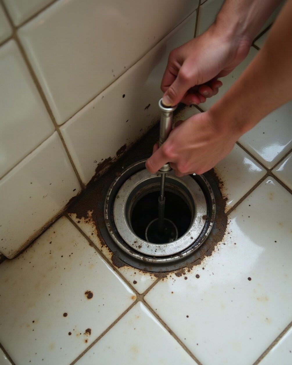 Hands lifting a shower drain cover with a screwdriver, dark damp residue at the rim, tiled floor