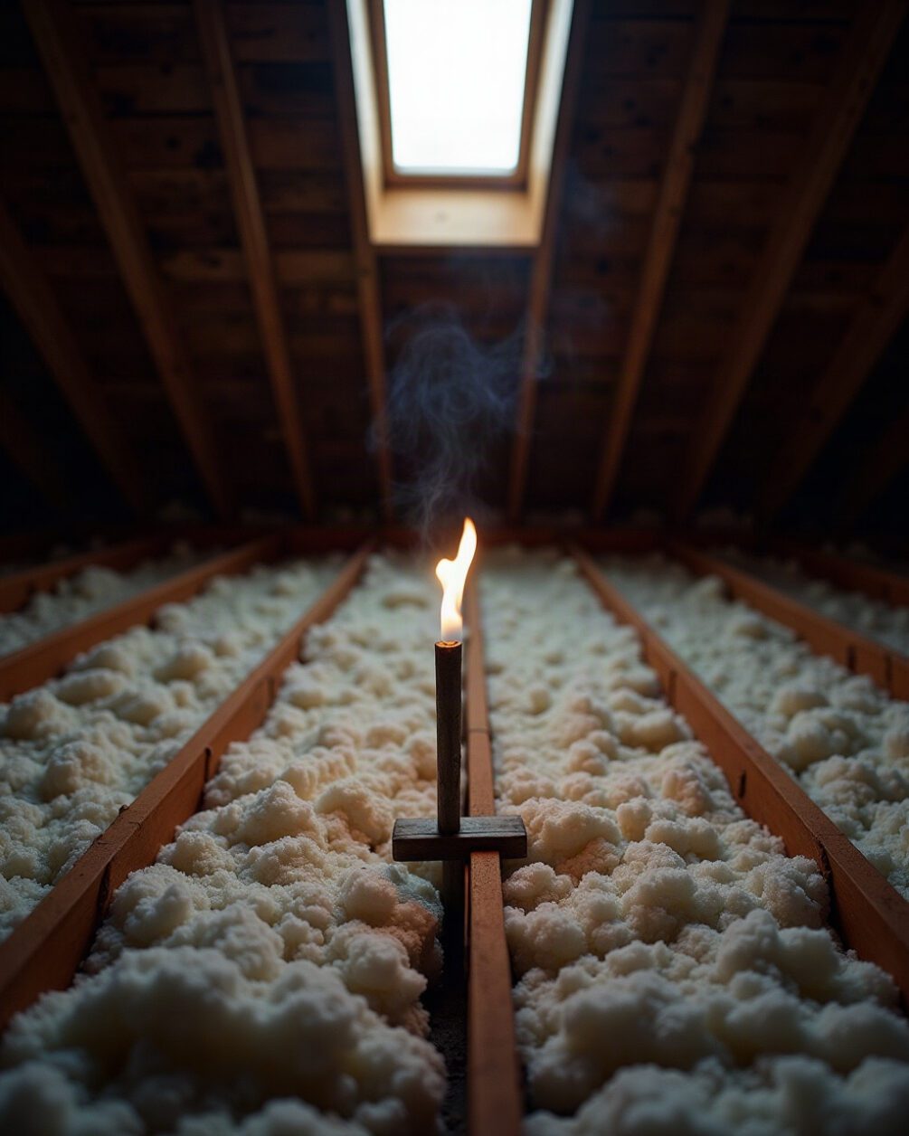 Loft interior with insulation between joists and a torch beam across it, dim daylight from a vent
