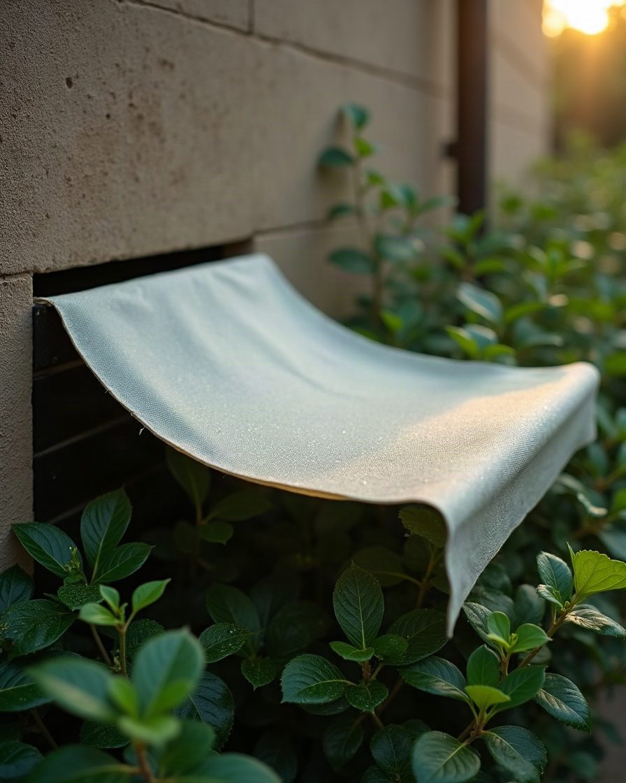 A flat horizontal sheet of silk spanning low dense foliage beside a garden wall with a narrow funnel opening at