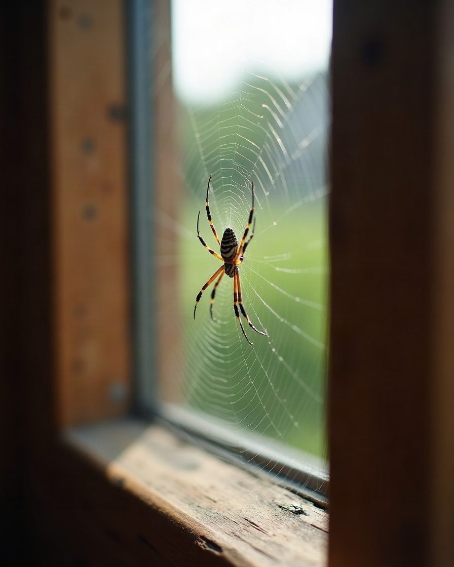 A classic wheel-shaped web spanning the corner of a wooden window frame in morning light