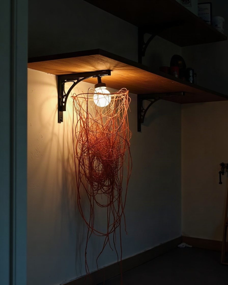 A dim garage corner with a tangled three-dimensional mesh of silk between a shelf bracket and the wall