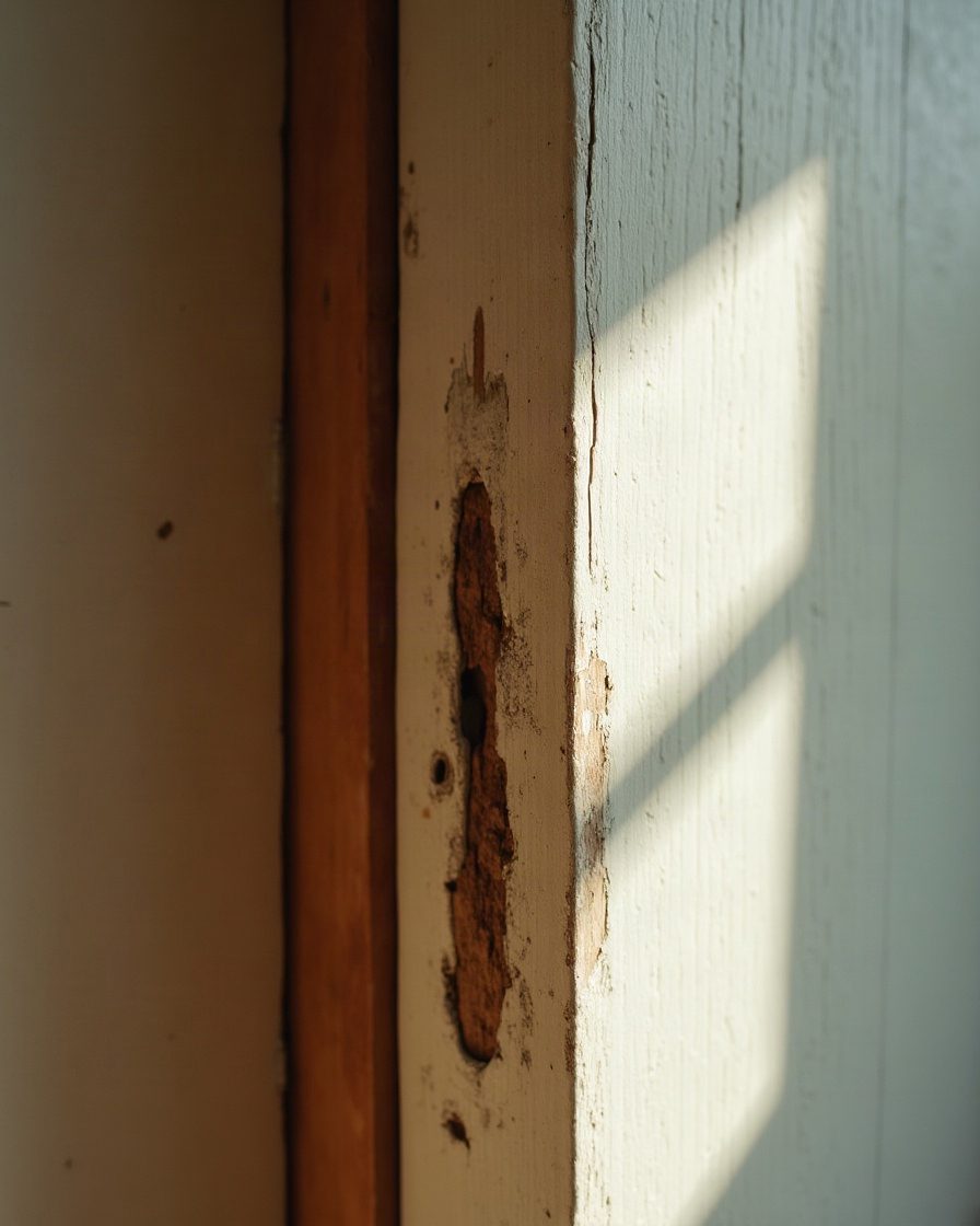 Close view of the lower corner of a wooden door frame with the paint and timber worn away in a rough arc