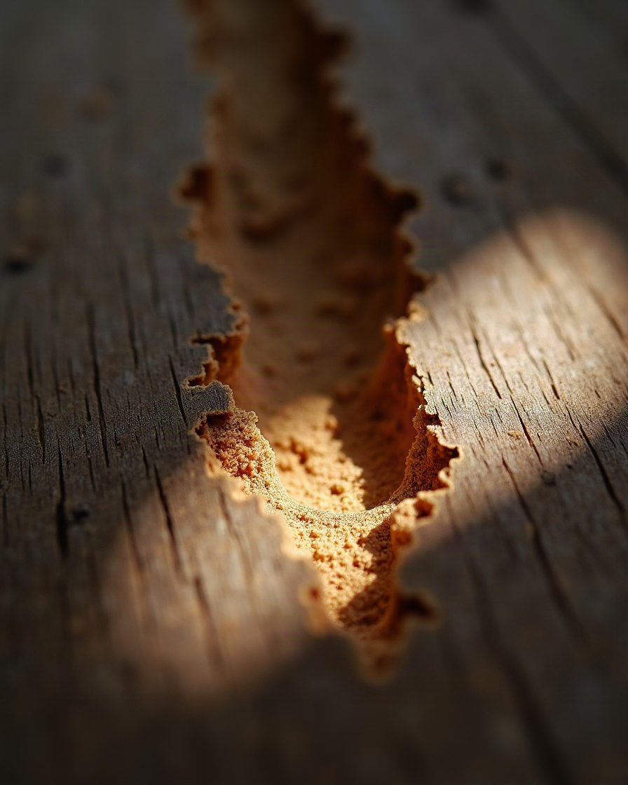 Close macro of bare pale wood exposed within a darker weathered timber surface, torch beam raking across