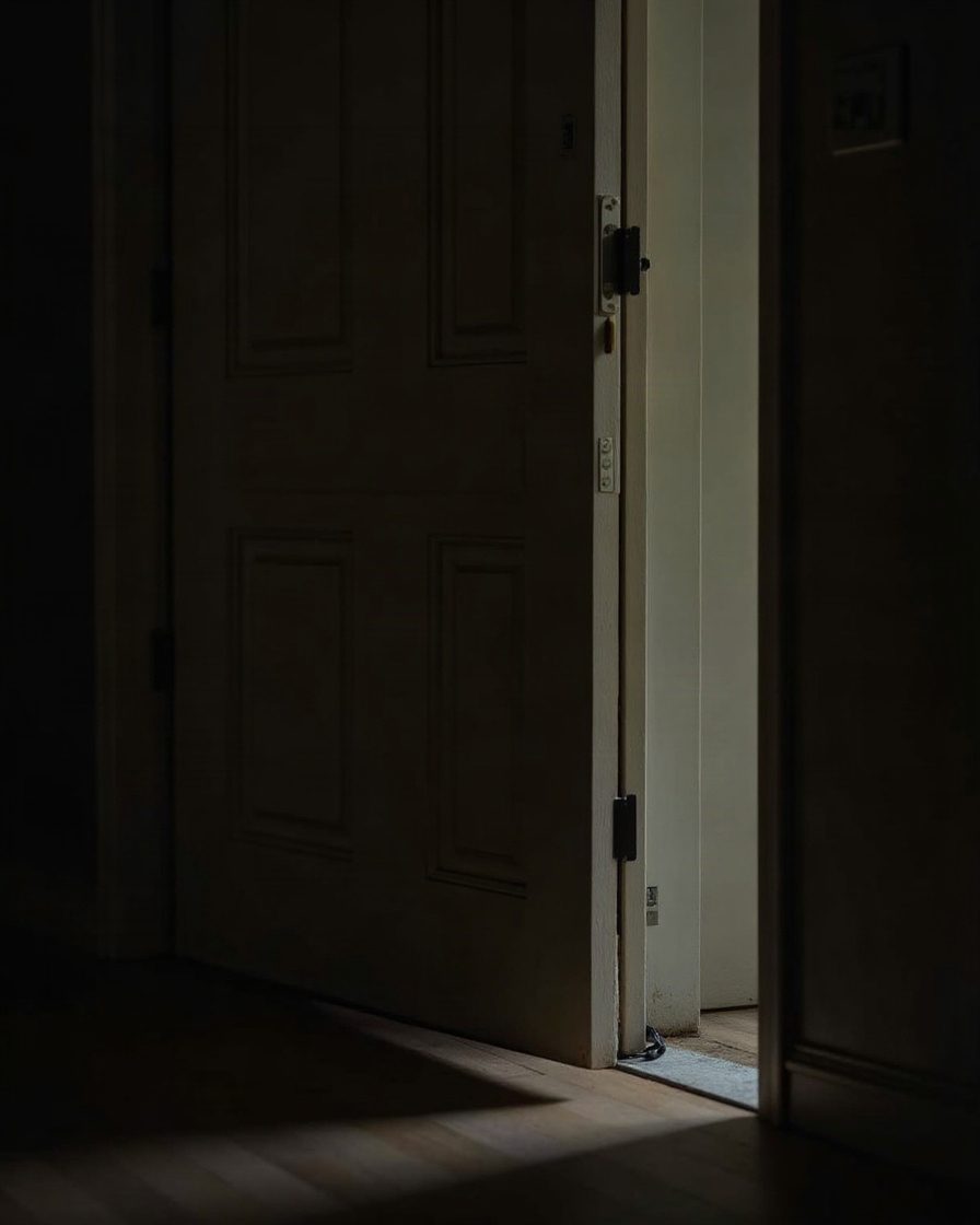 A gap beneath an exterior door seen from inside at night with a narrow band of darkness below the door edge