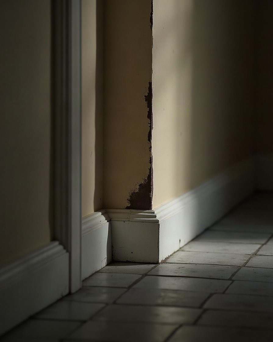 A skirting board and wall junction in a dim hallway with a dark smeared band along the paint