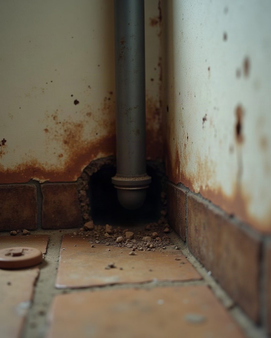 Close view of a small gap where a pipe passes through a wall at floor level with dark discolouration around its