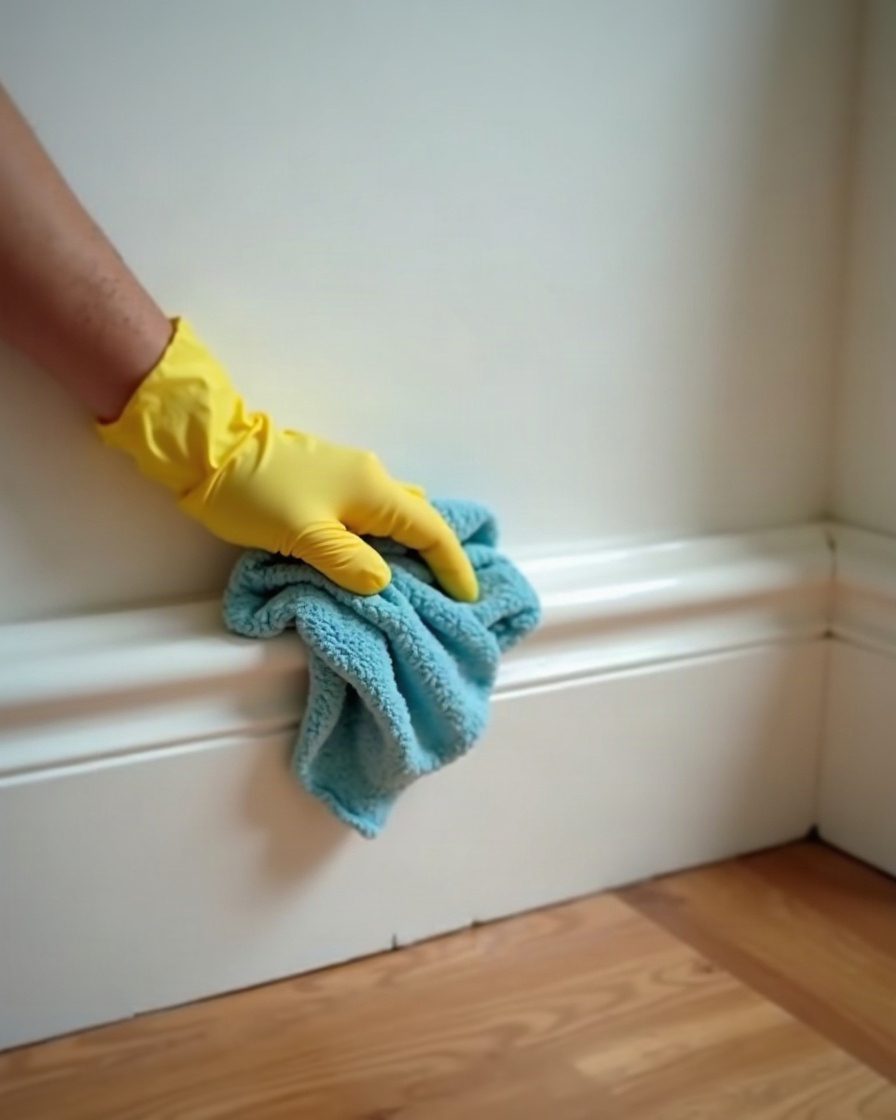 A hand in a disposable glove wiping a section of skirting board with a cloth