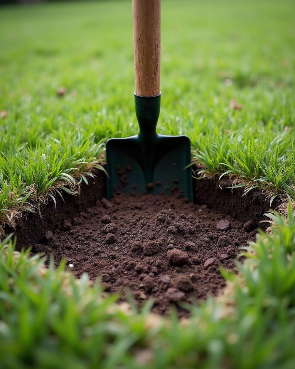 A square of turf lifted back from a lawn with a spade to expose dark soil beneath, plain outdoor scene