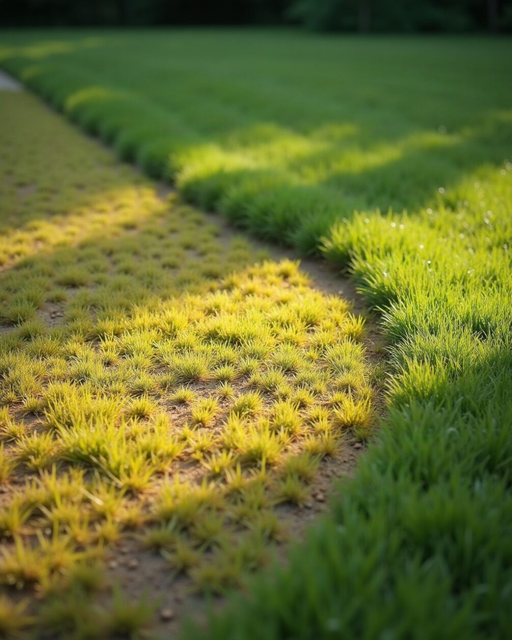 A patch of yellowing lawn beside healthy green grass in flat daylight, plain garden scene
