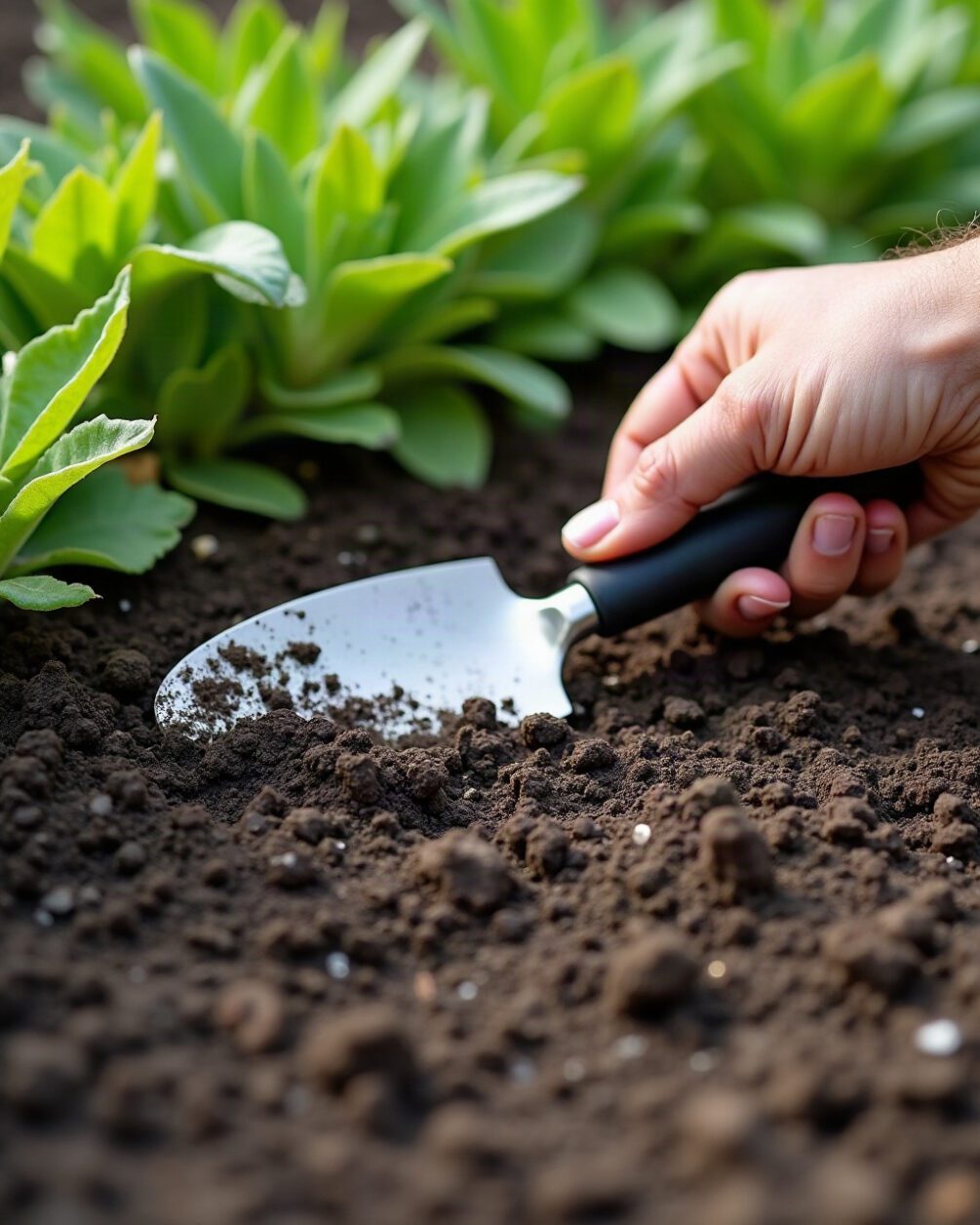 A garden border with dark turned soil and a hand trowel resting on it, green planting behind