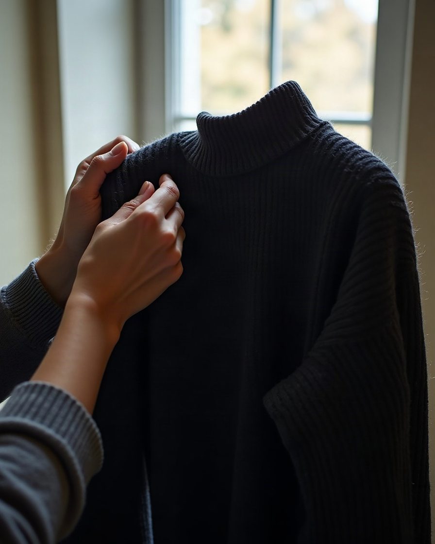 Hands holding a dark wool jumper up toward a window, a thinned grazed patch and a small hole visible in the knit