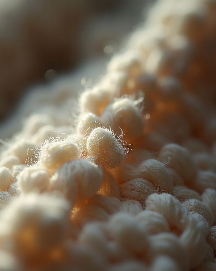 Close macro of knitted wool fabric with fine silk threads and a small pale tube caught among the fibres