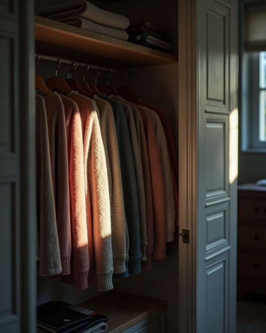 Wardrobe interior in daylight with folded knitwear on a shelf and a torch beam across the wardrobe floor