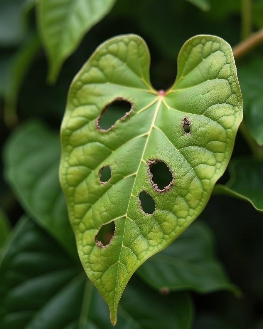 A broad green leaf in daylight with several irregular holes eaten through it, garden foliage blurred behind