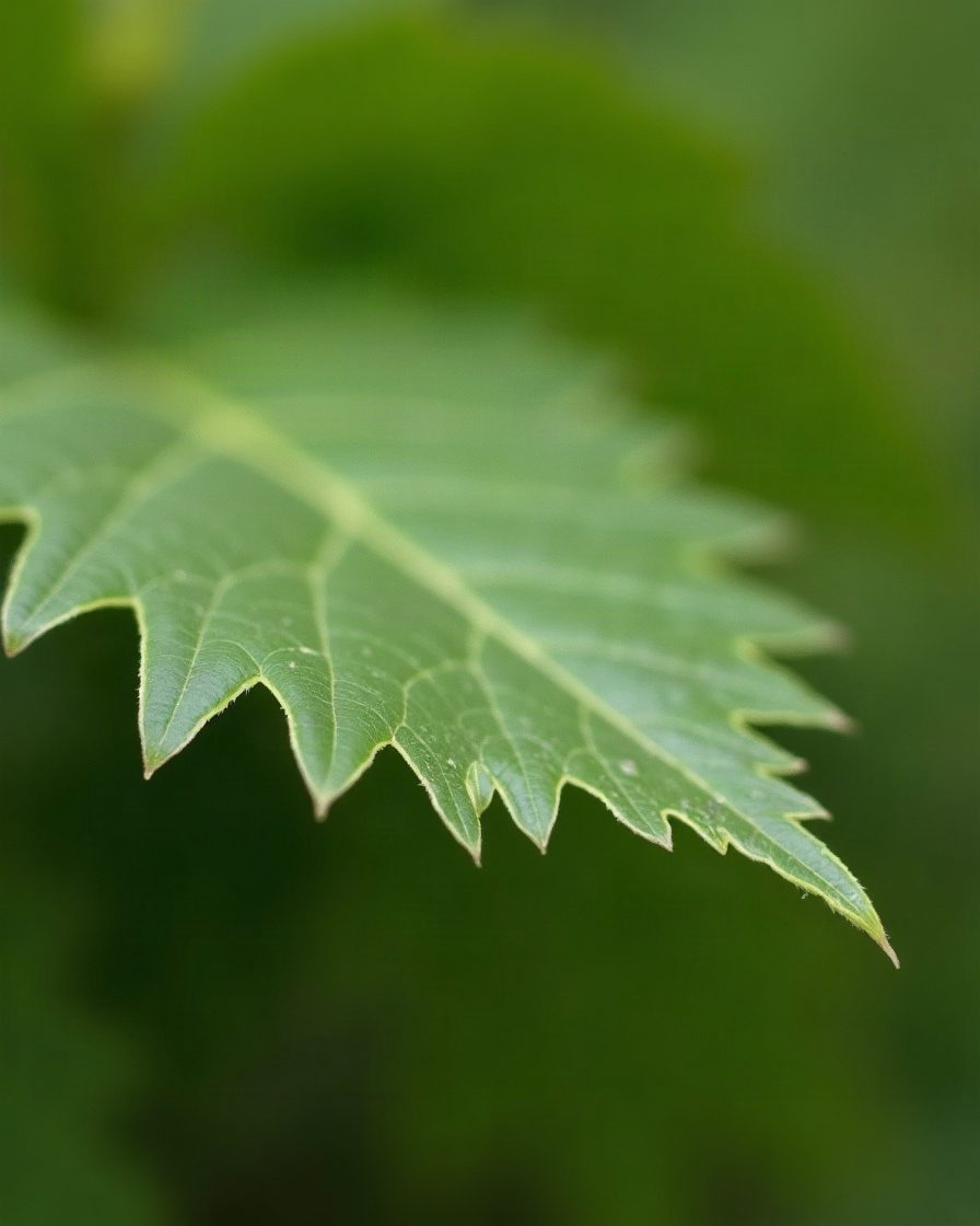 Close view of a leaf edge with a series of neat semicircular notches cut from the margin, plain garden setting